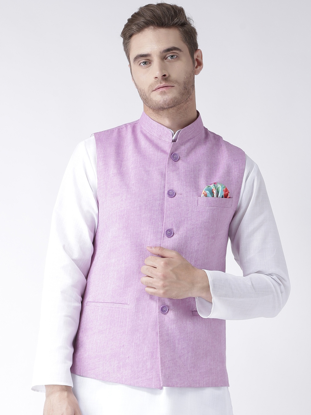 

Hangup Men Purple Woven Linen Blend Nehru Jacket
