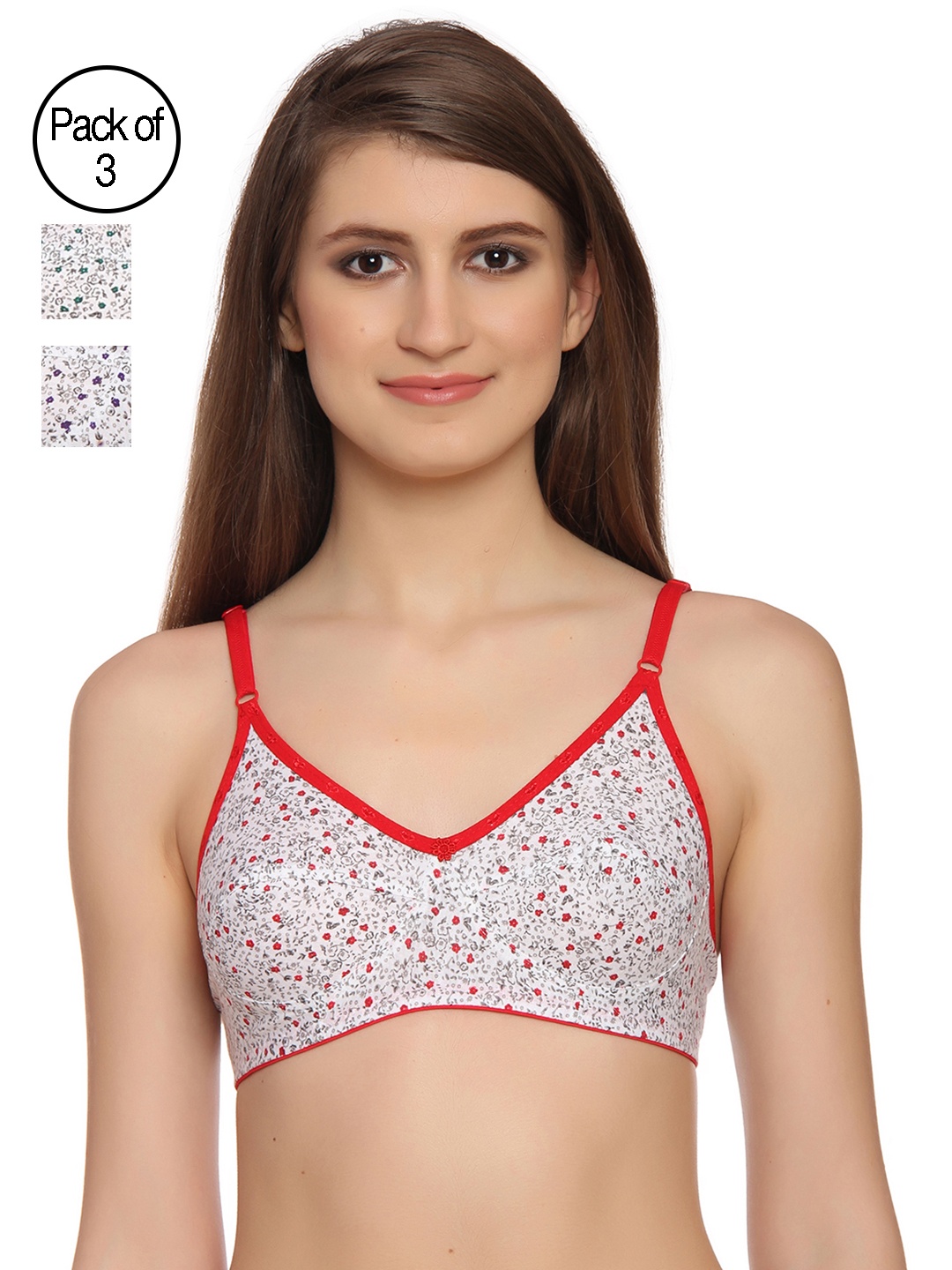 

Innocence Set of 3 Printed Non-Wired Non Padded Everyday Bras BBAPLIN53057, Red