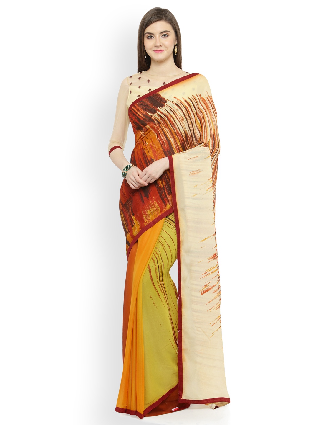 

Shaily Yellow & Cream-Coloured Pure Georgette Embroidered Saree
