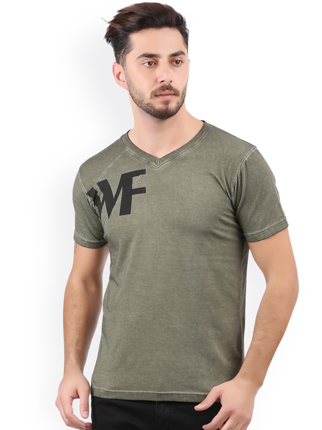 

WEXFORD Men Olive Green Printed V-Neck T-shirt