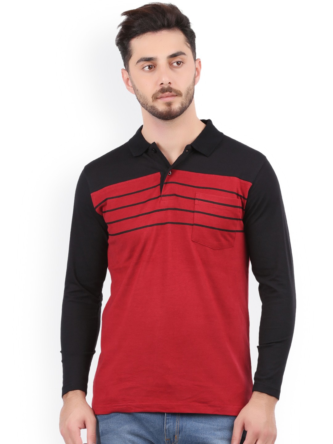 

WEXFORD Men Red Colourblocked Polo Collar T-shirt