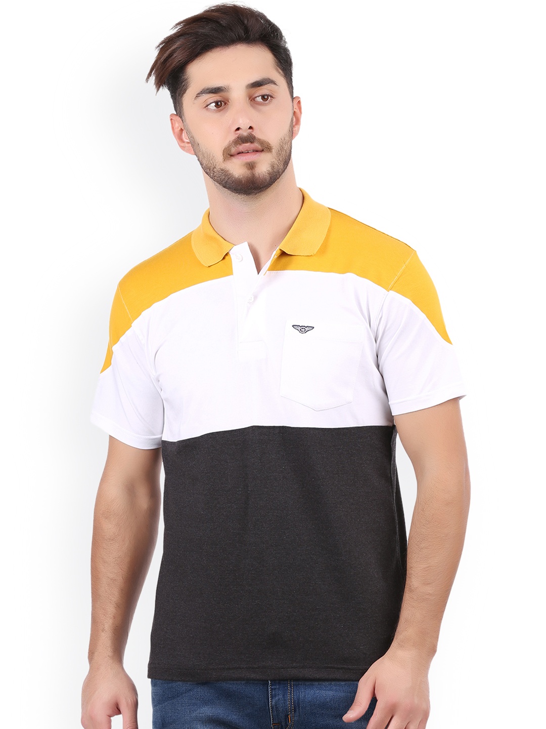 

WEXFORD Men Black Colourblocked Polo Collar T-shirt