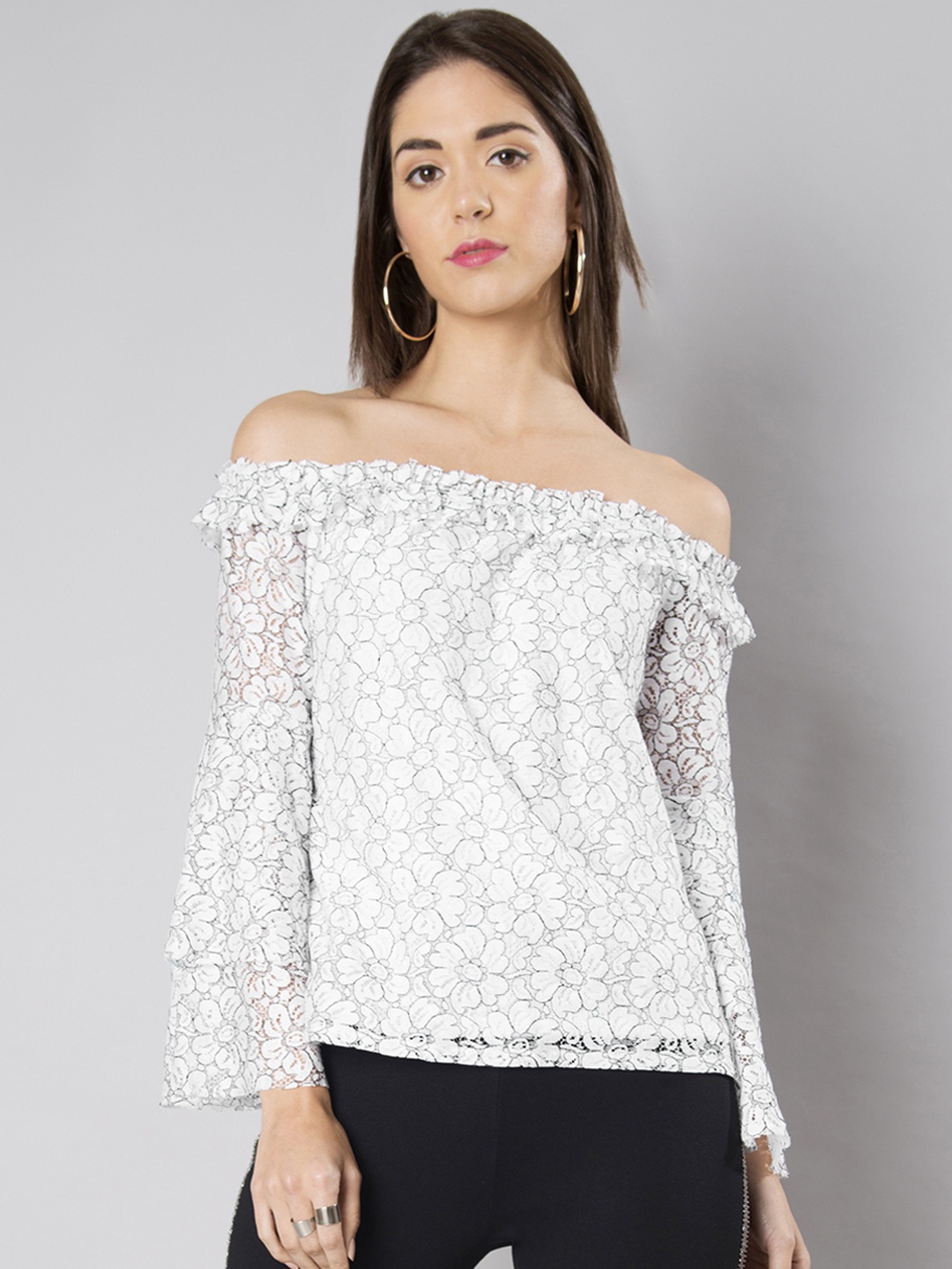 

FabAlley Women White Self Design Bardot Top