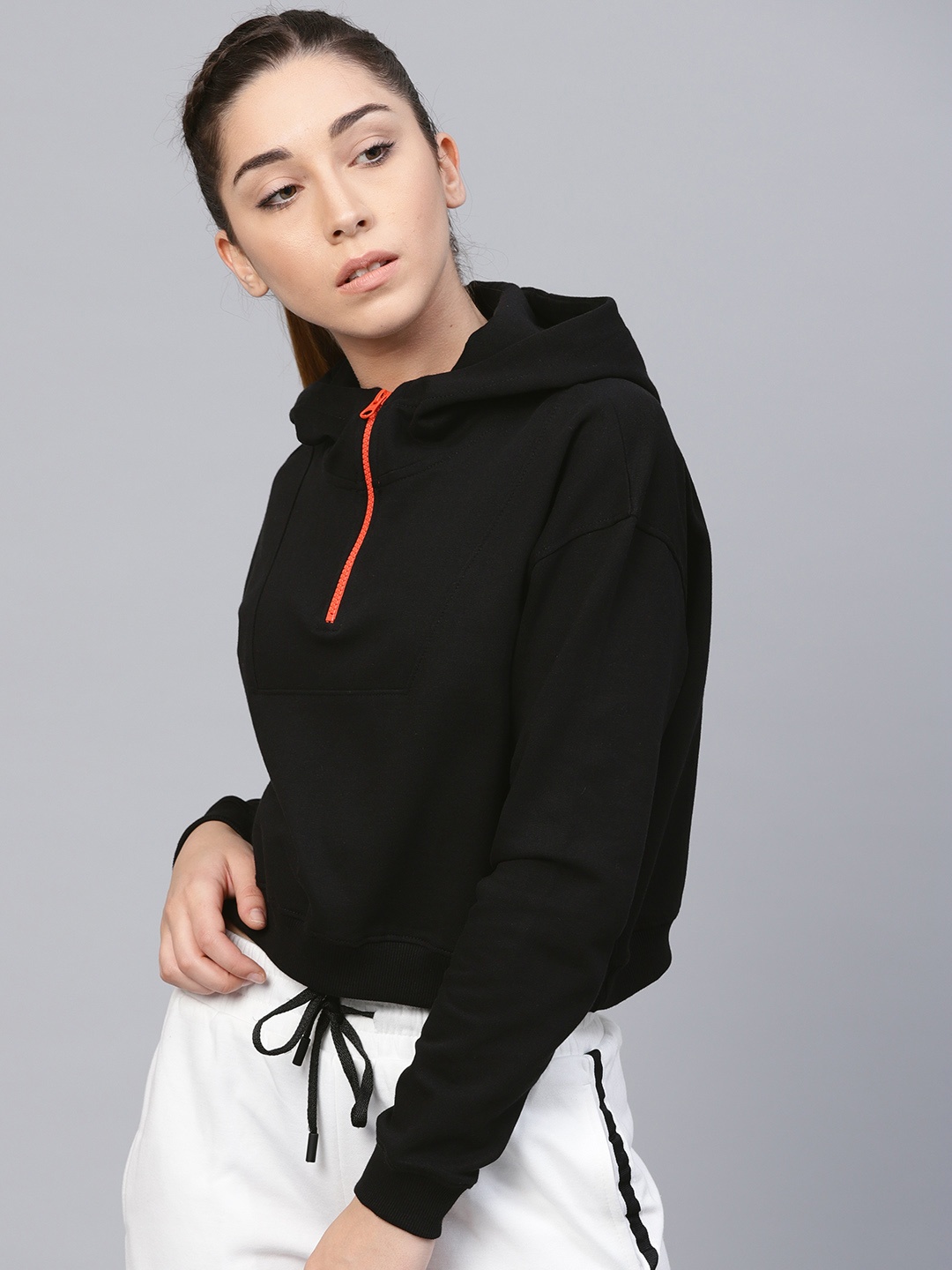 

HRX by Hrithik Roshan Women Black Solid Cropped Hooded Sweatshirt