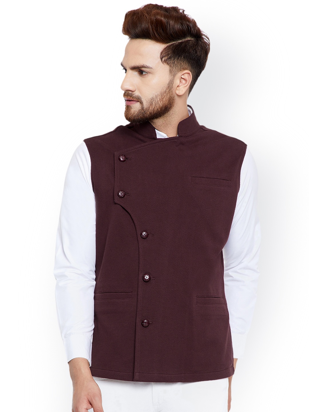 

Hypernation Men Brown Solid Nehru Jacket