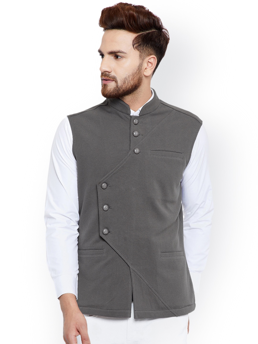 

Hypernation Men Grey Solid Pure Cotton Nehru Jacket