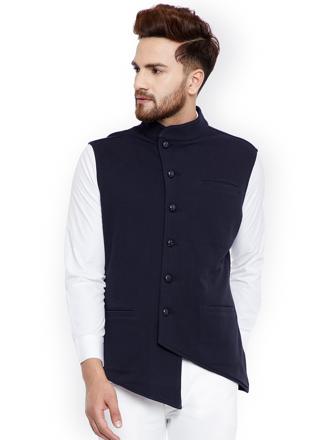 

Hypernation Men Navy Blue Solid Nehru Jacket