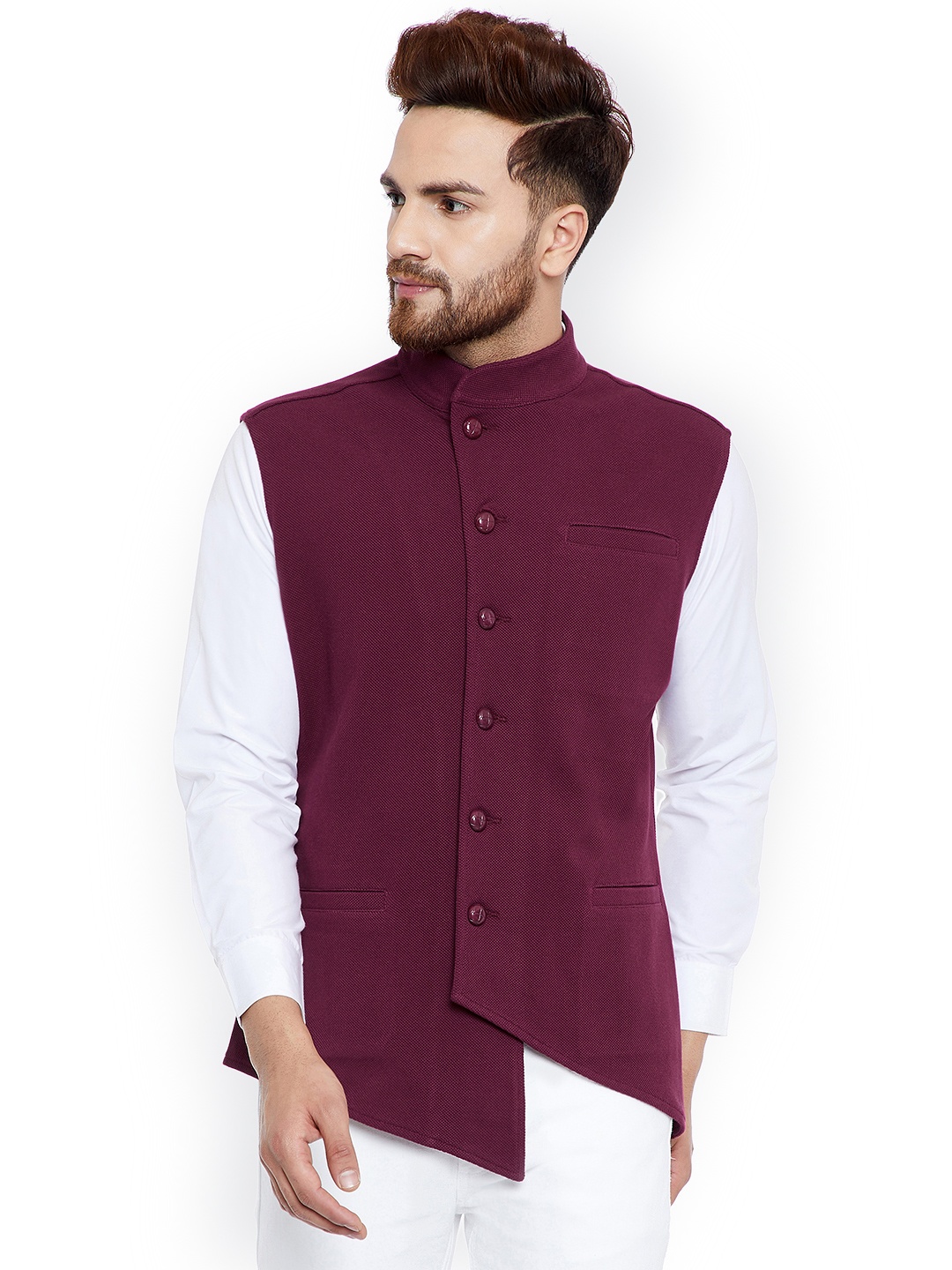 

Hypernation Men Maroon Solid Pure Cotton Nehru Jacket