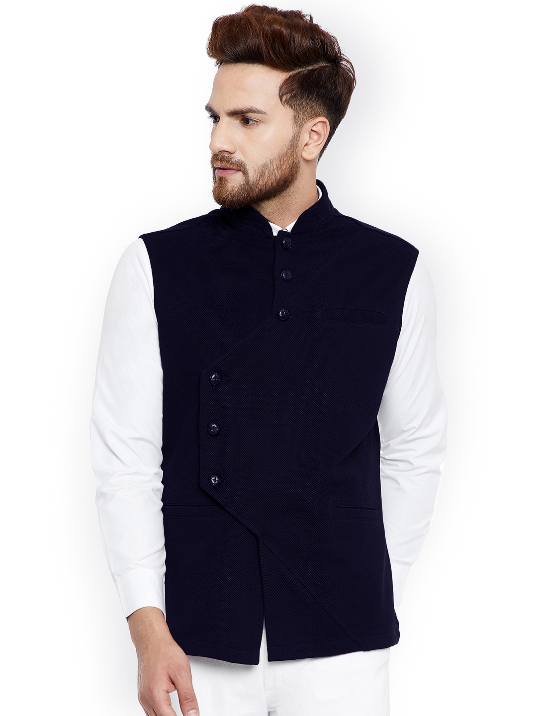 

Hypernation Men Navy Blue Solid Pure Cotton Nehru Jacket