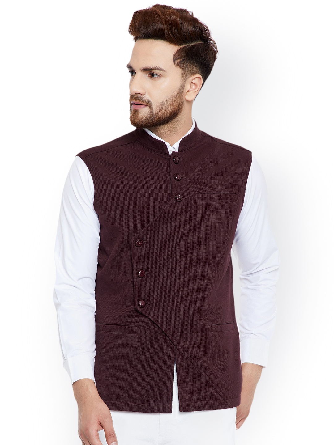 

Hypernation Men Brown Solid Pure Cotton Nehru Jacket