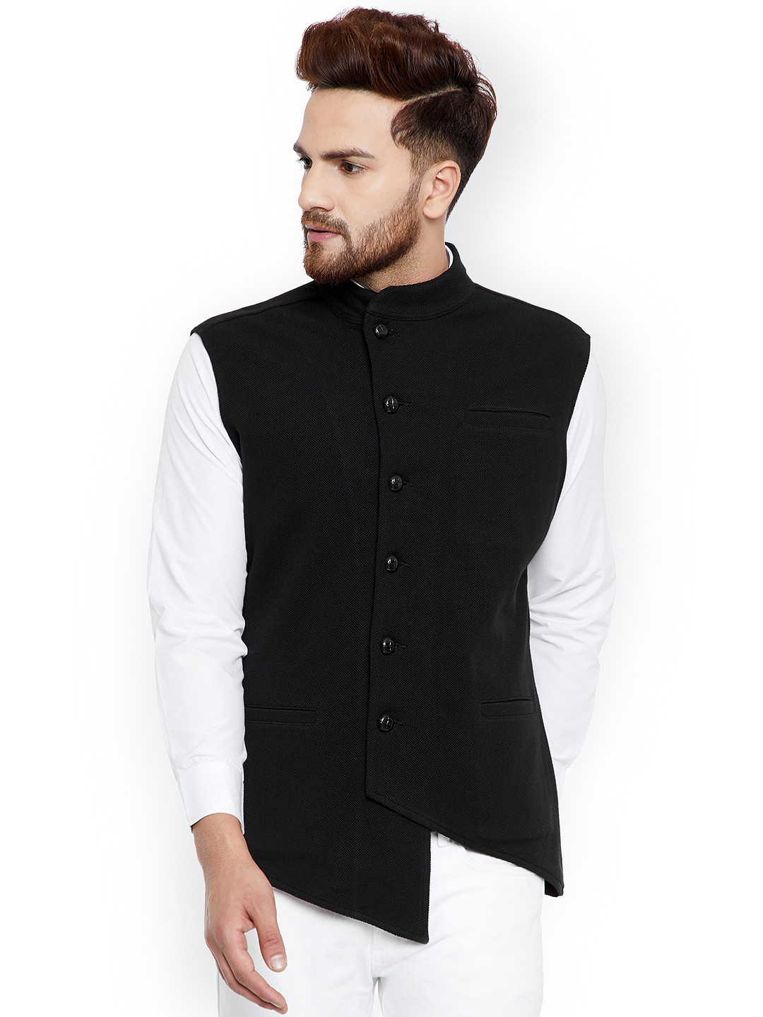 

Hypernation Men Black Solid Pure Cotton Nehru Jacket
