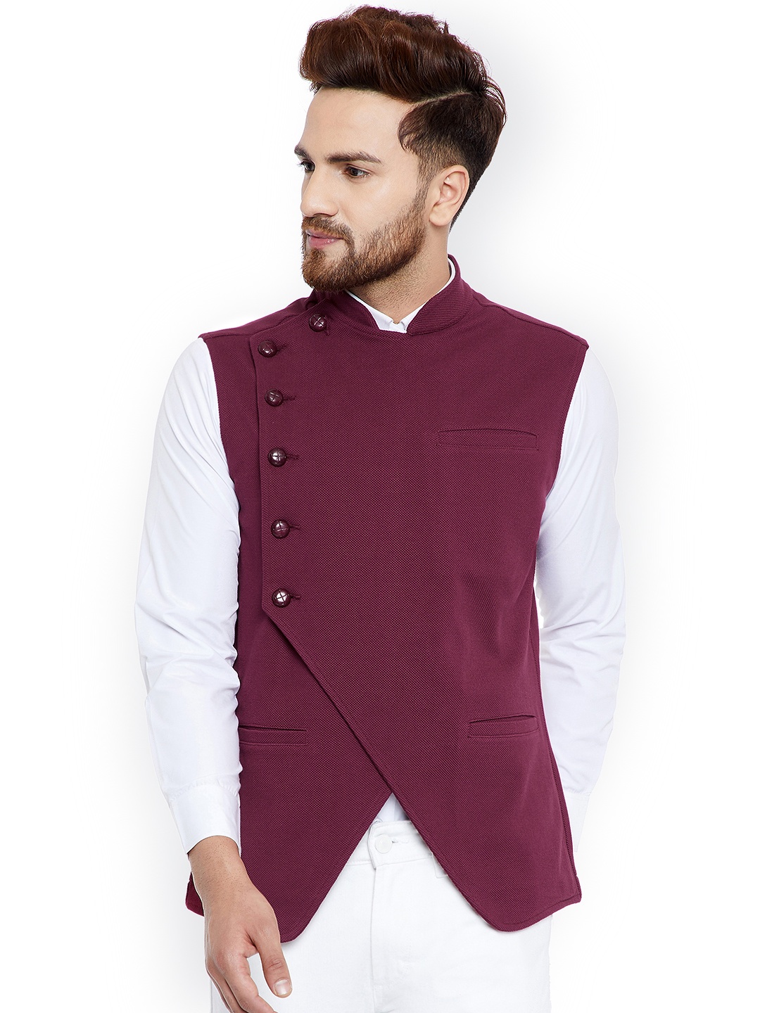 

Hypernation Men Maroon Solid Nehru Jacket