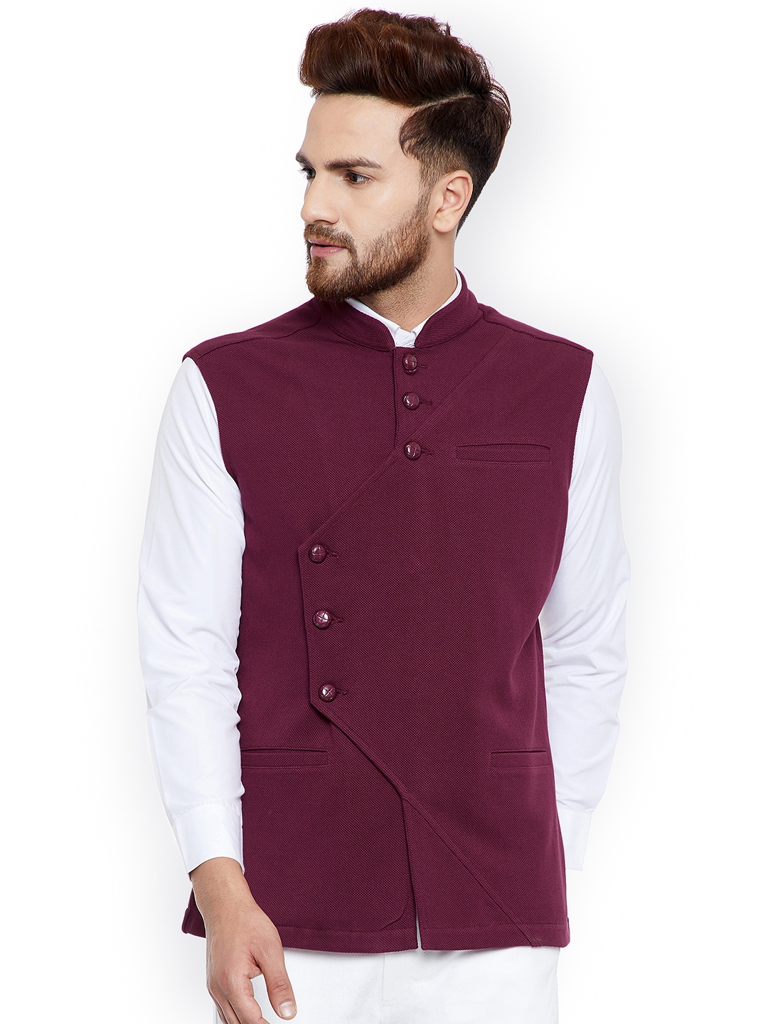 

Hypernation Men Maroon Solid Pure Cotton Nehru Jacket