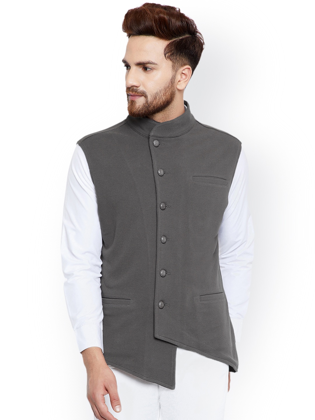 

Hypernation Men Grey Solid Nehru Jacket