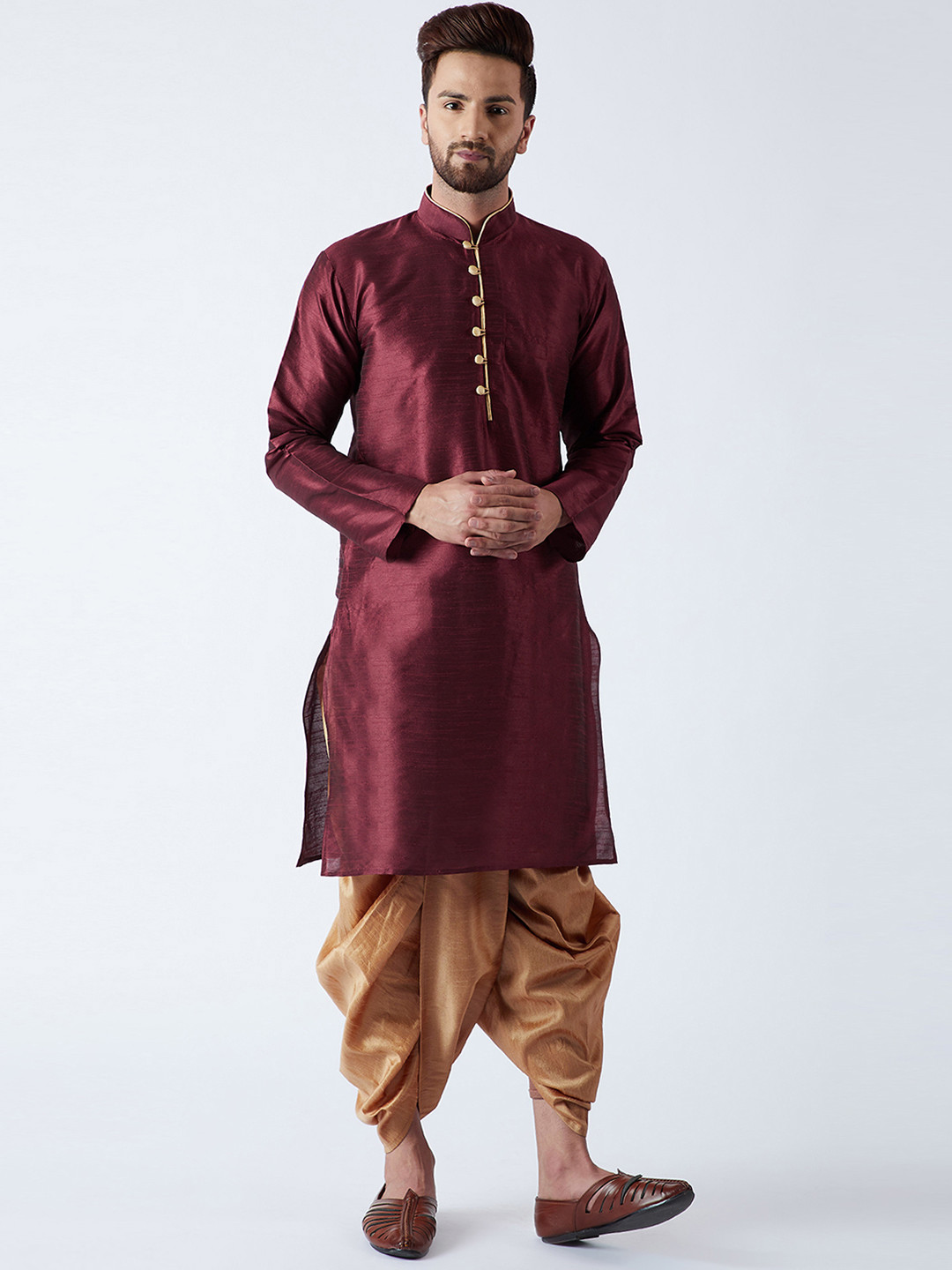 

SOJANYA Men Maroon & Gold-Toned Solid Kurta with Dhoti Pants