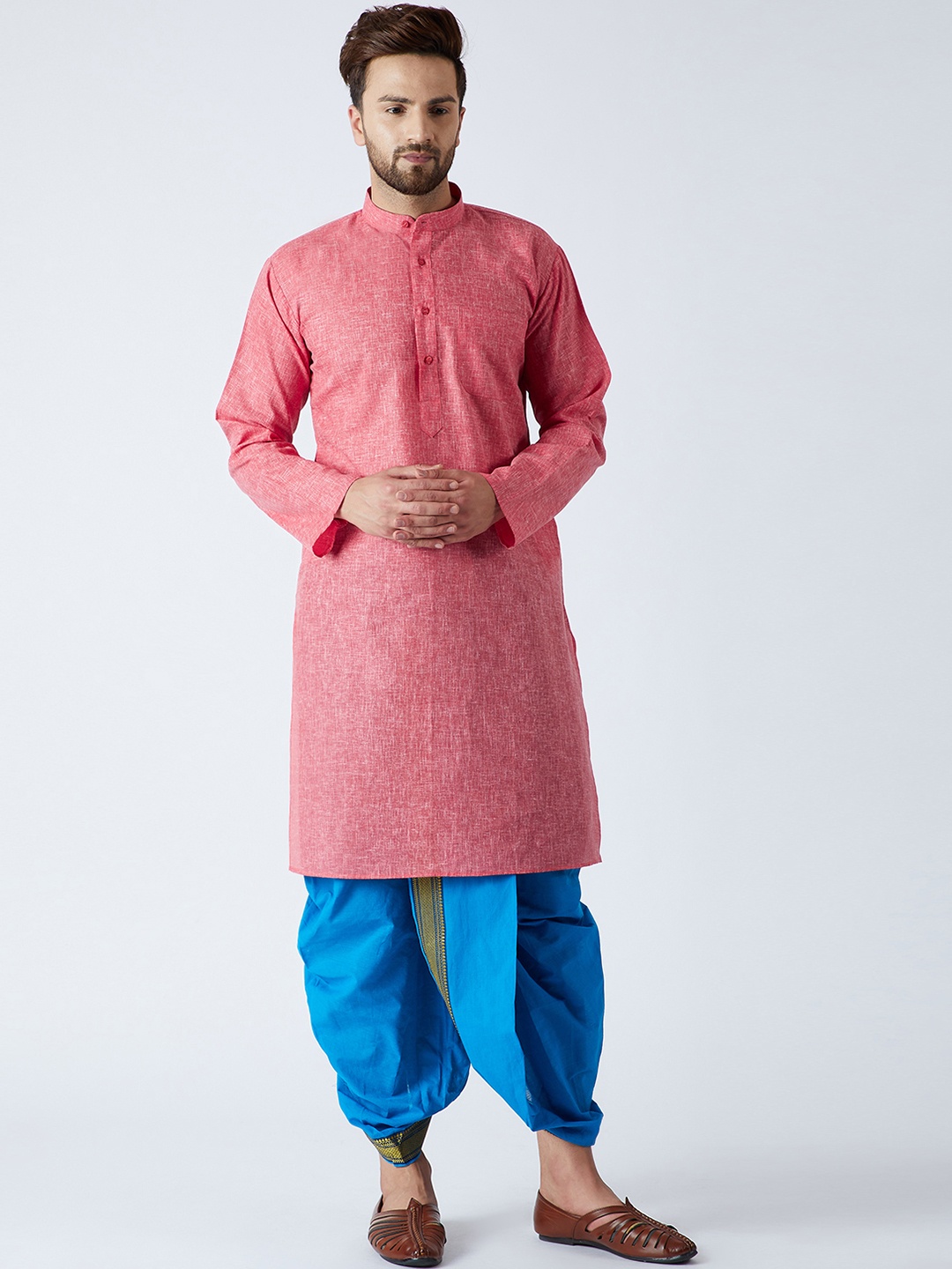 

SOJANYA Men Red & Blue Solid Kurta with Dhoti Pants