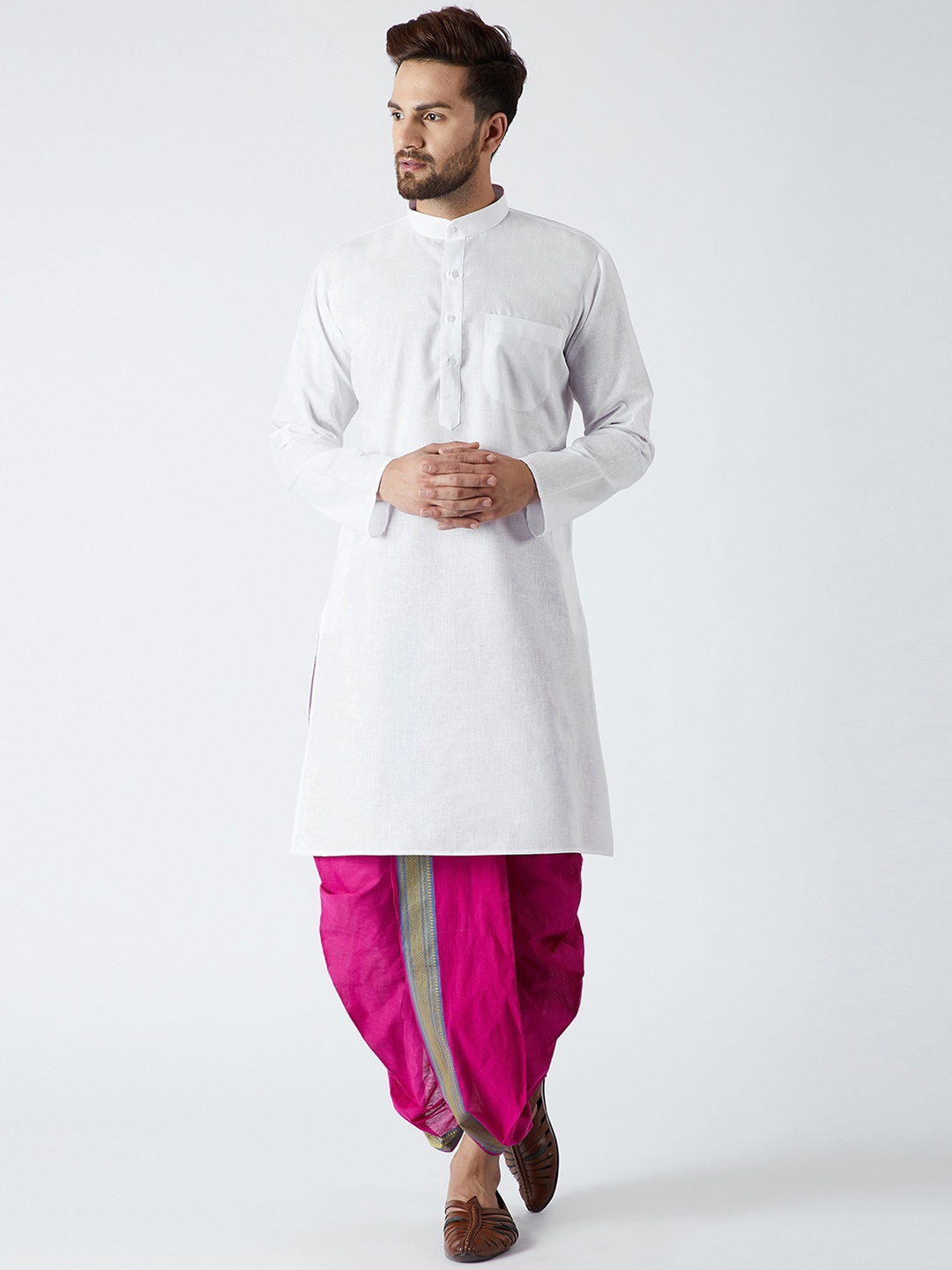 

SOJANYA Men White & Magenta Solid Kurta with Dhoti Pants