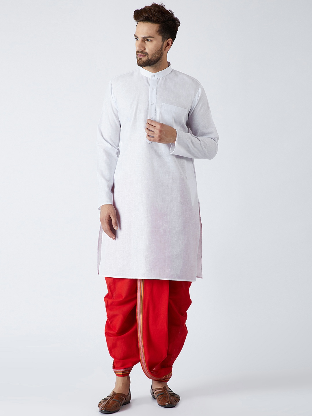 

SOJANYA Men White & Red Solid Kurta with Dhoti Pants