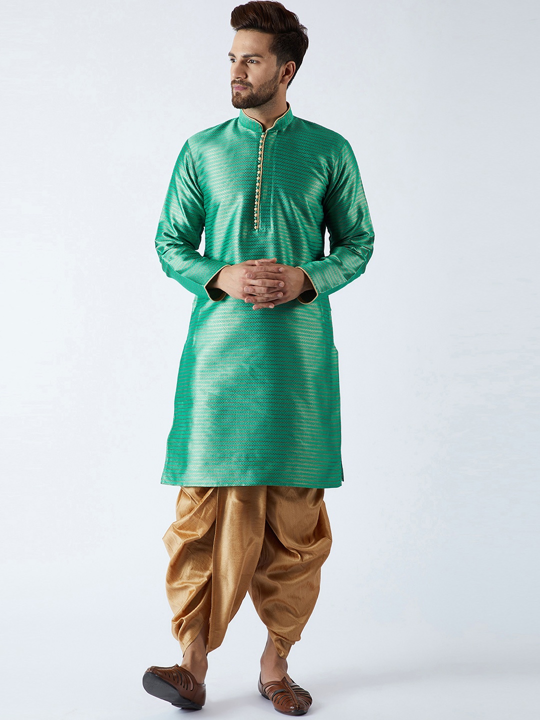 

SOJANYA Men Green & Gold-Toned Self Design Kurta with Dhoti Pants