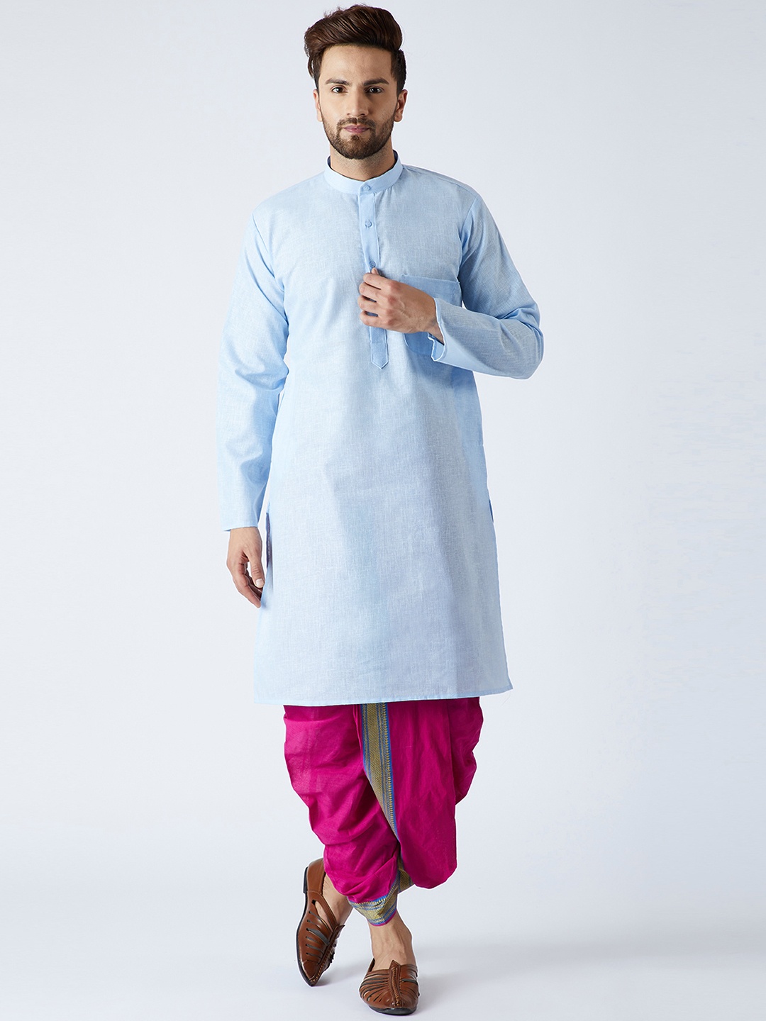 

SOJANYA Men Blue & Magenta Solid Kurta with Dhoti Pants