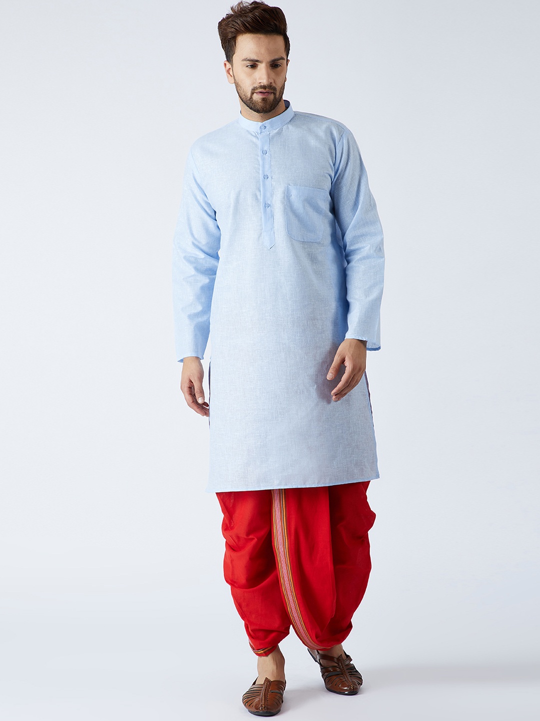 

SOJANYA Men Blue & Red Solid Kurta with Dhoti Pants