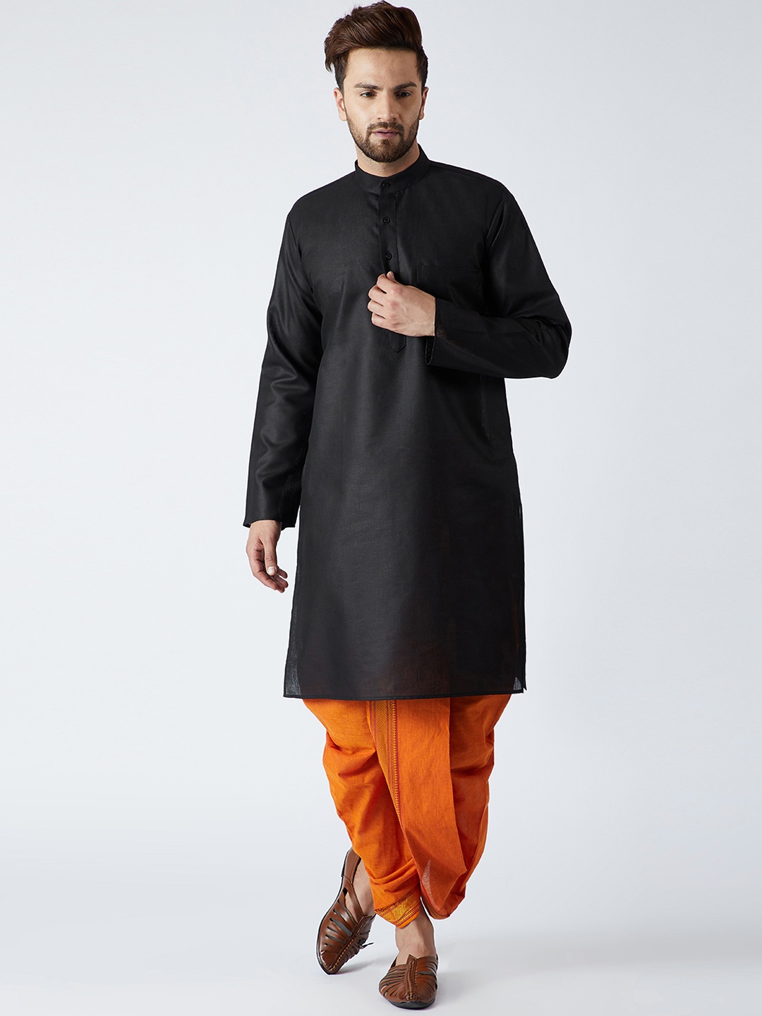 

SOJANYA Men Black & Orange Solid Kurta with Dhoti Pants