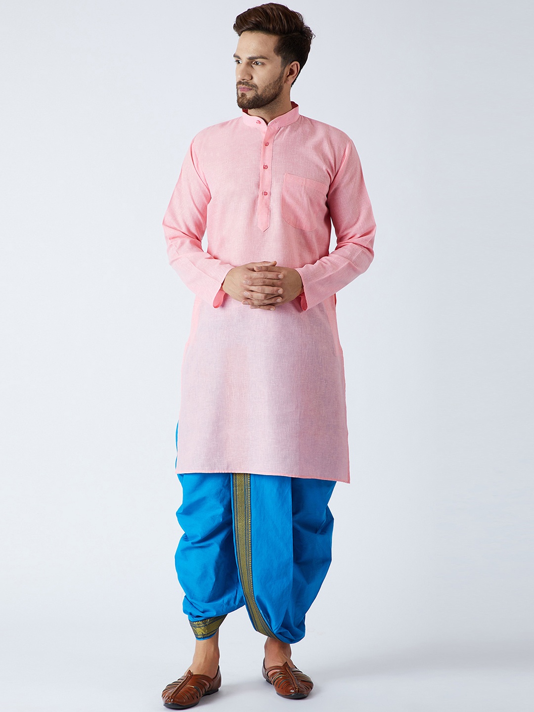 

SOJANYA Men Pink & Blue Solid Kurta with Dhoti Pants