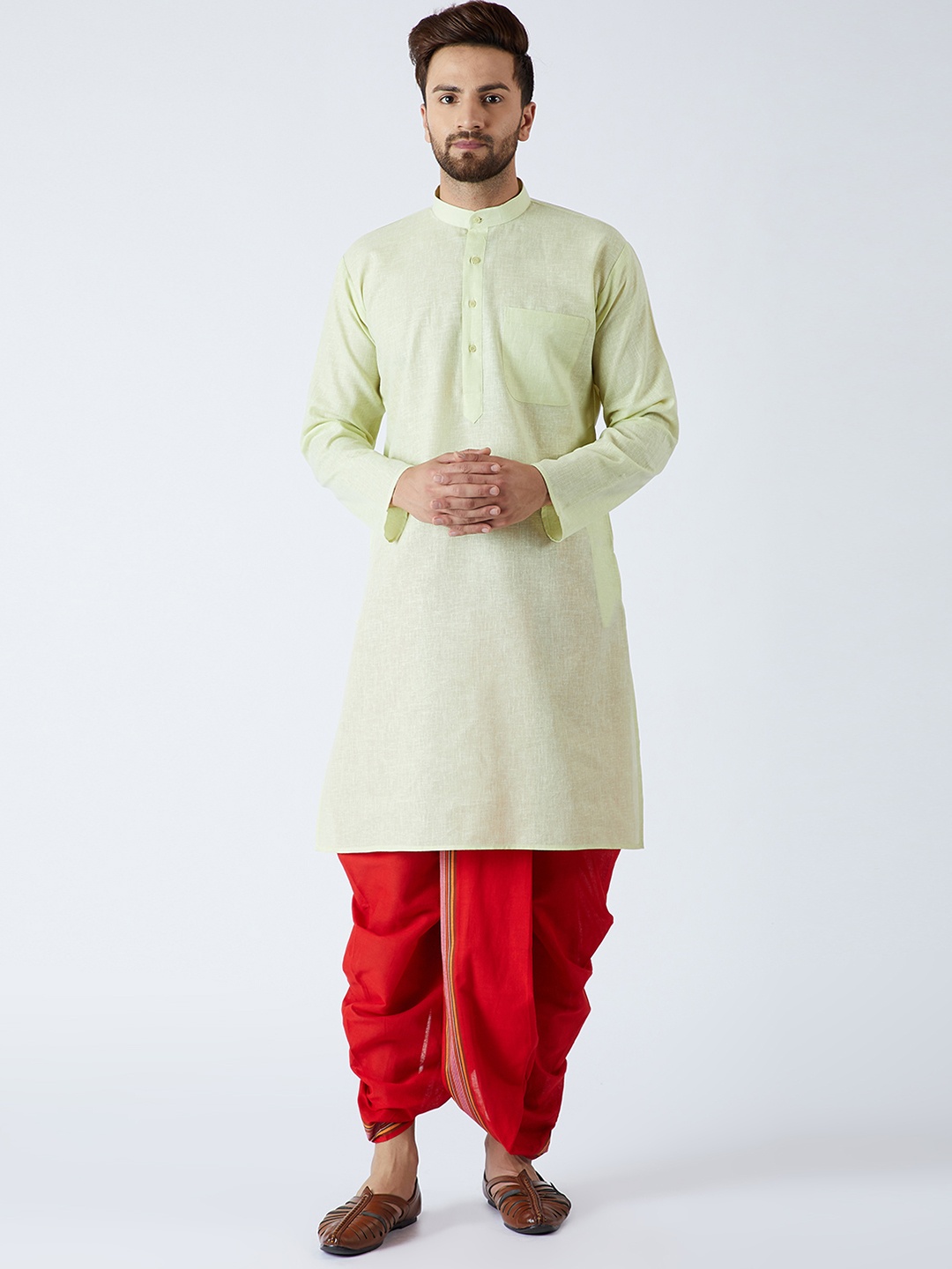 

SOJANYA Men Lime Green & Red Solid Kurta with Dhoti Pants