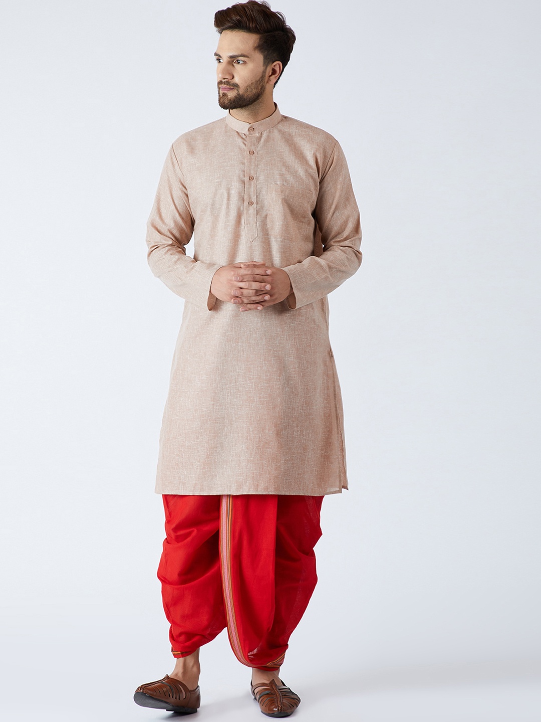 

SOJANYA Men Brown & Red Solid Kurta with Dhoti Pants