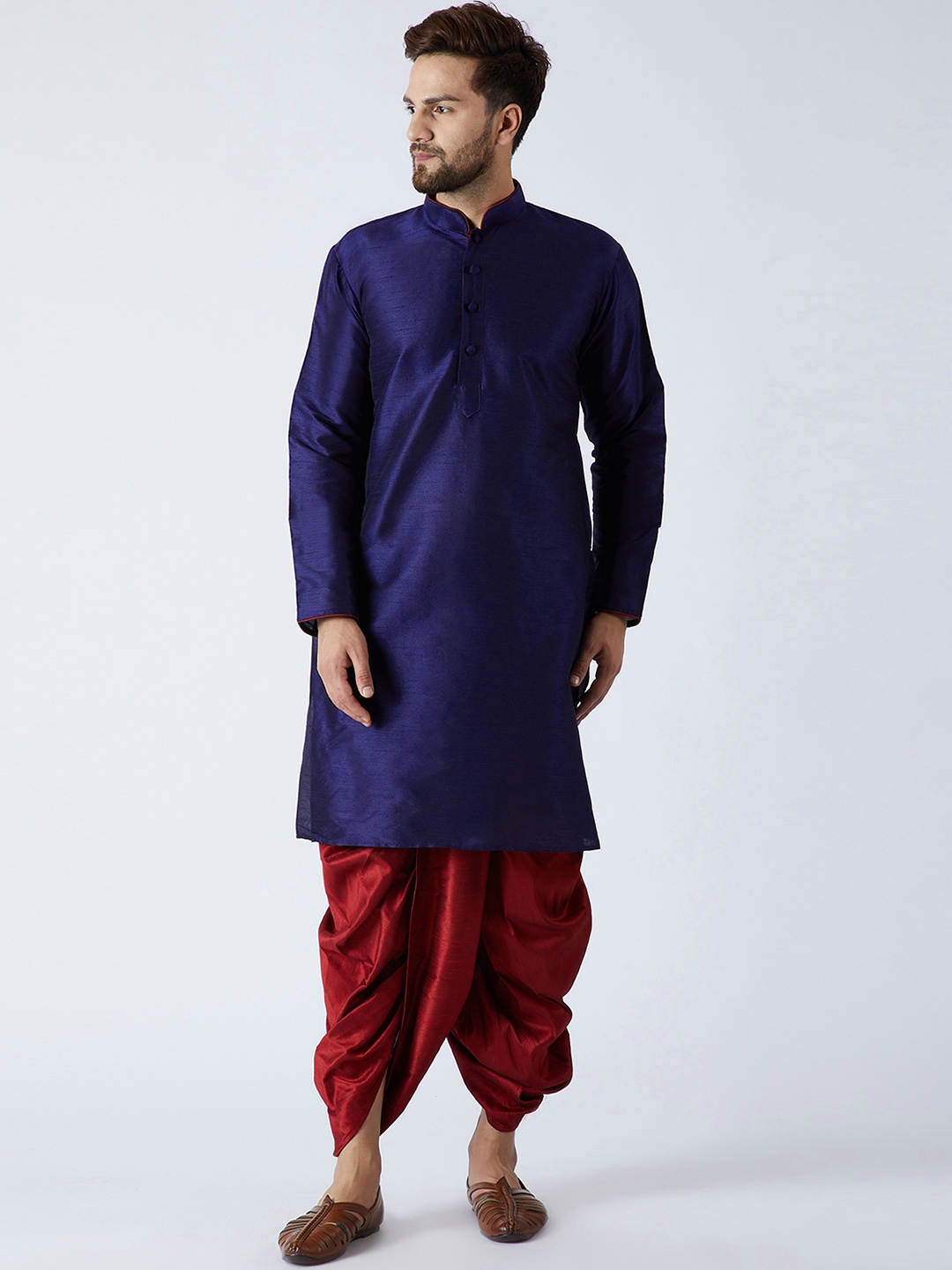 

SOJANYA Men Navy Blue & Maroon Solid Kurta with Dhoti Pants