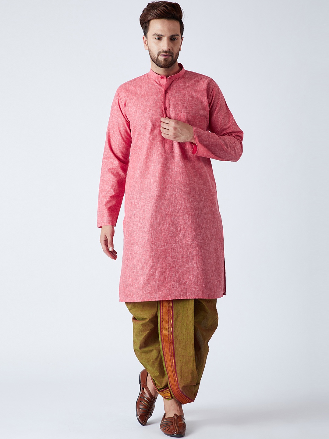 

SOJANYA Men Red & Olive Green Solid Kurta with Dhoti Pants