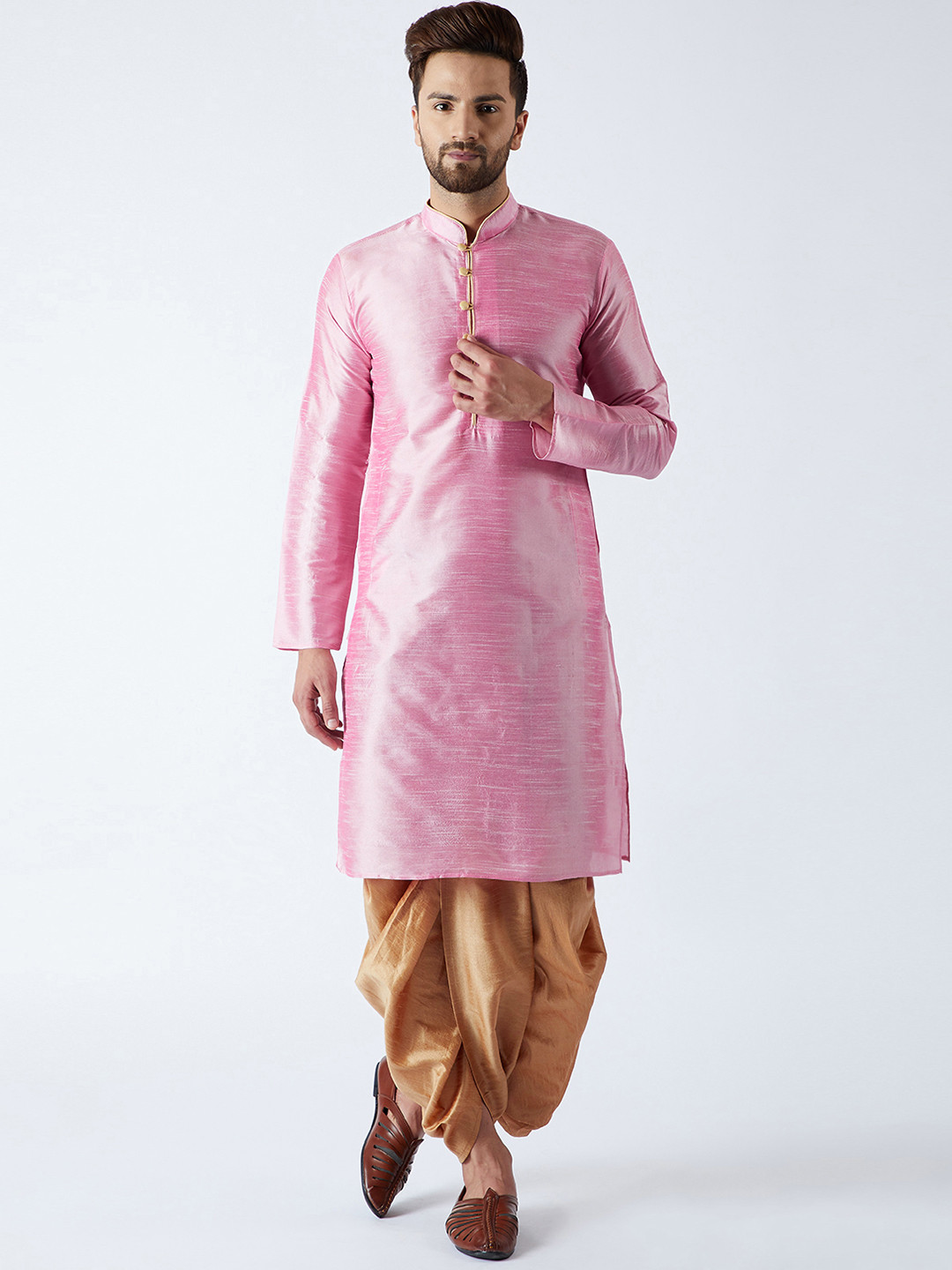 

SOJANYA Men Pink & Gold-Toned Solid Kurta with Dhoti Pants
