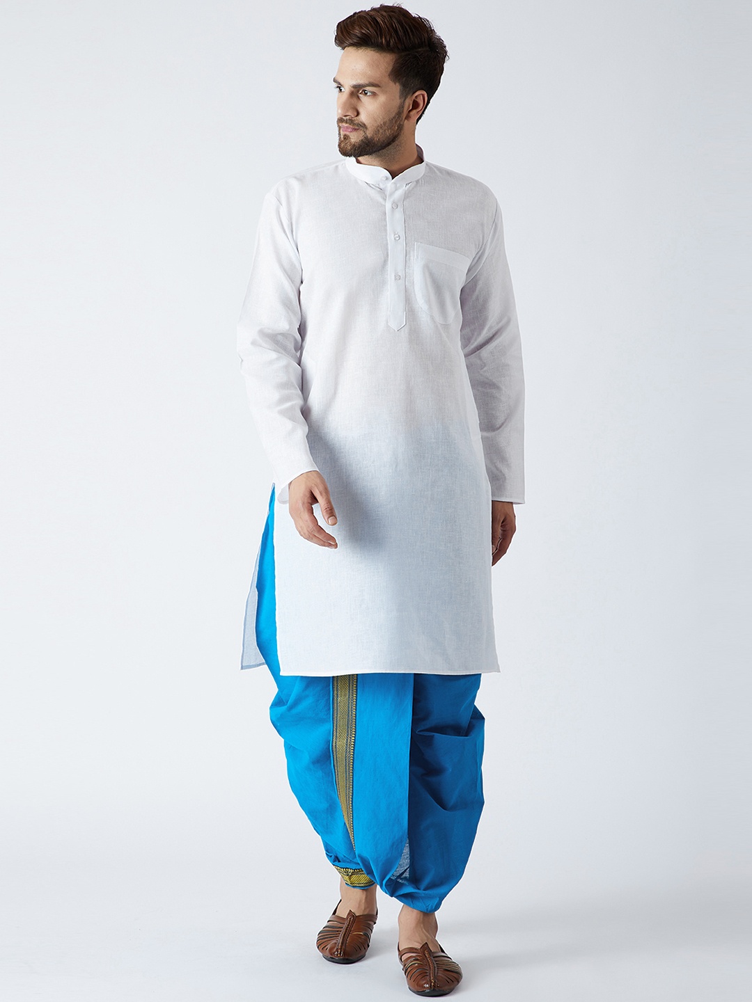 

SOJANYA Men White & Blue Solid Kurta with Dhoti Pants