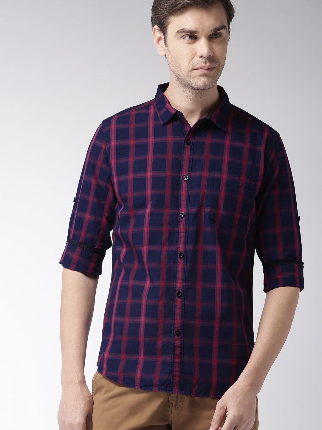 

HIGHLANDER Men Navy & Red Slim Fit Checked Casual Shirt, Navy blue