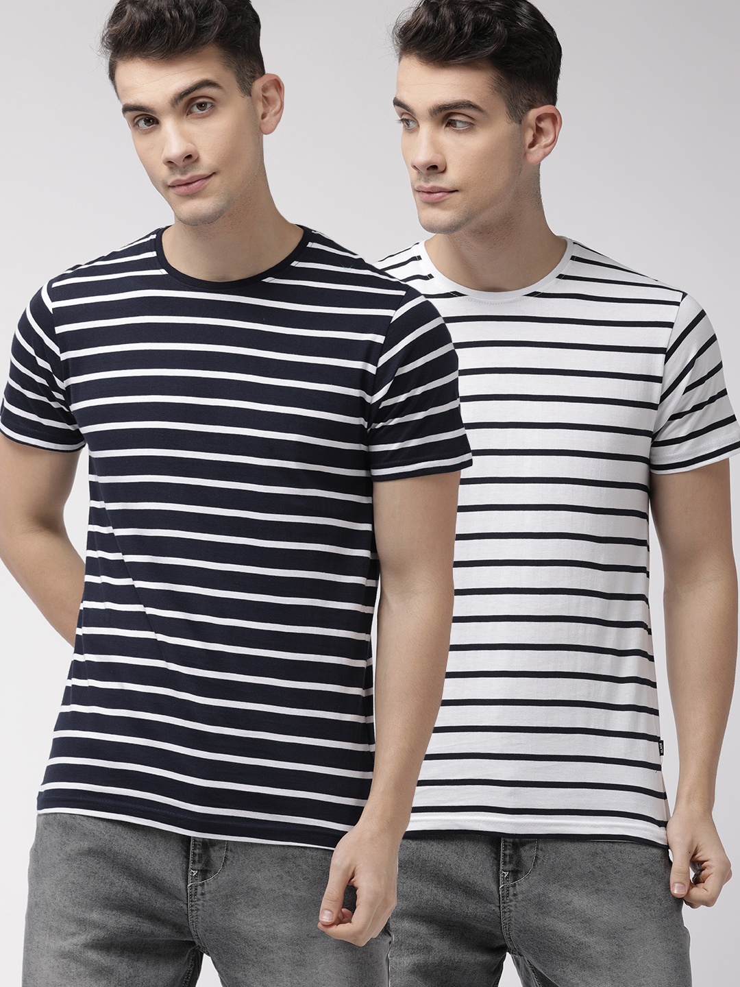 

HIGHLANDER Men Pack of 2 Navy Blue White Striped Round Neck Pure Cotton T-shirts