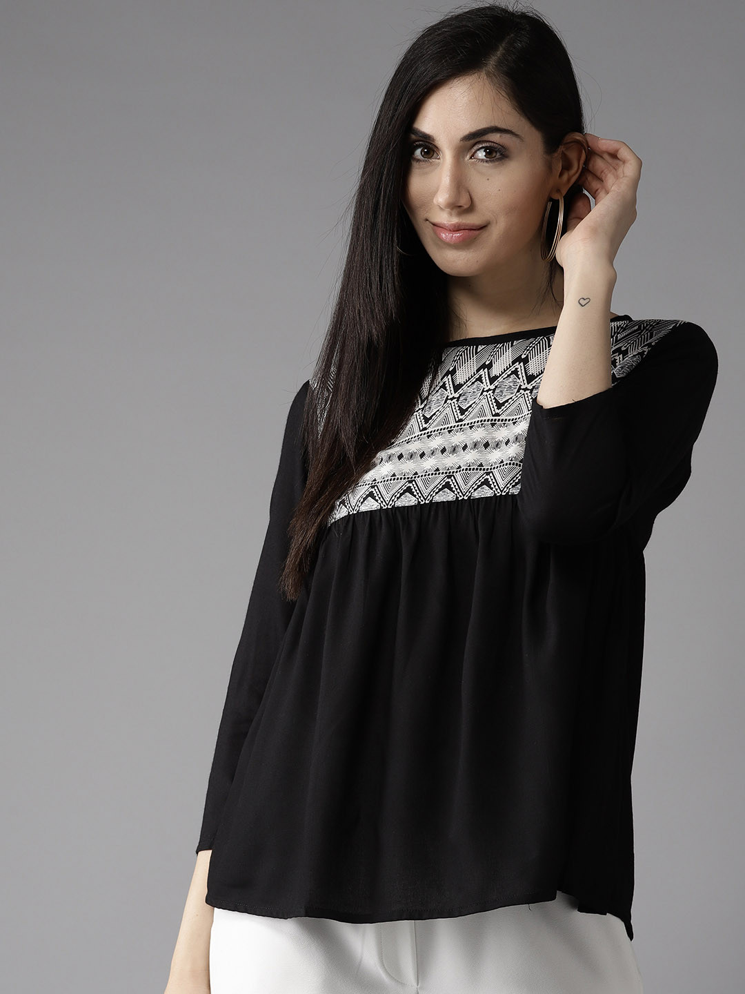 

HERE&NOW Women Black Printed A-Line Top
