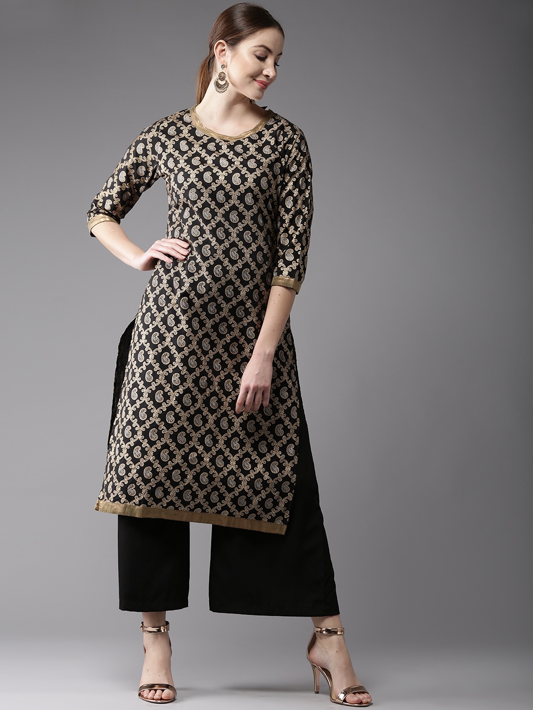 

HERE&NOW Women Black & Golden Printed Straight Kurta