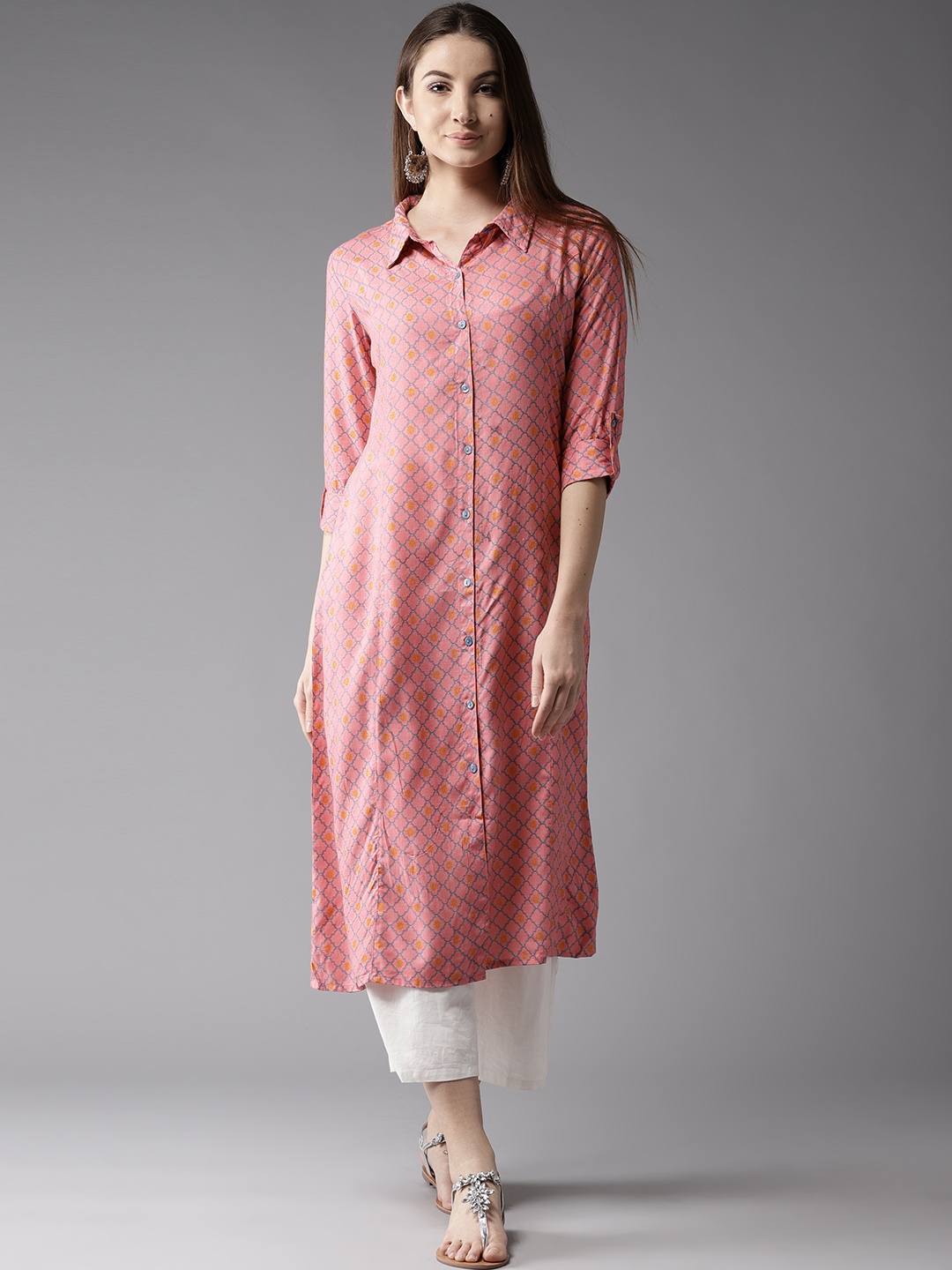 

HERE&NOW Women Pink & Blue Printed Straight Kurta