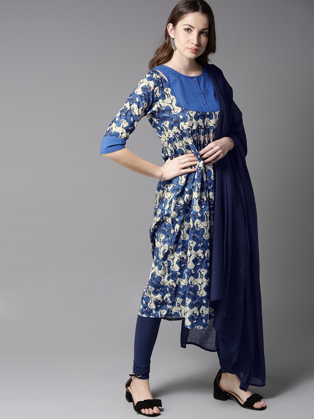

Moda Rapido Women Blue & Off-White Printed Kurta with Churidar & Dupatta