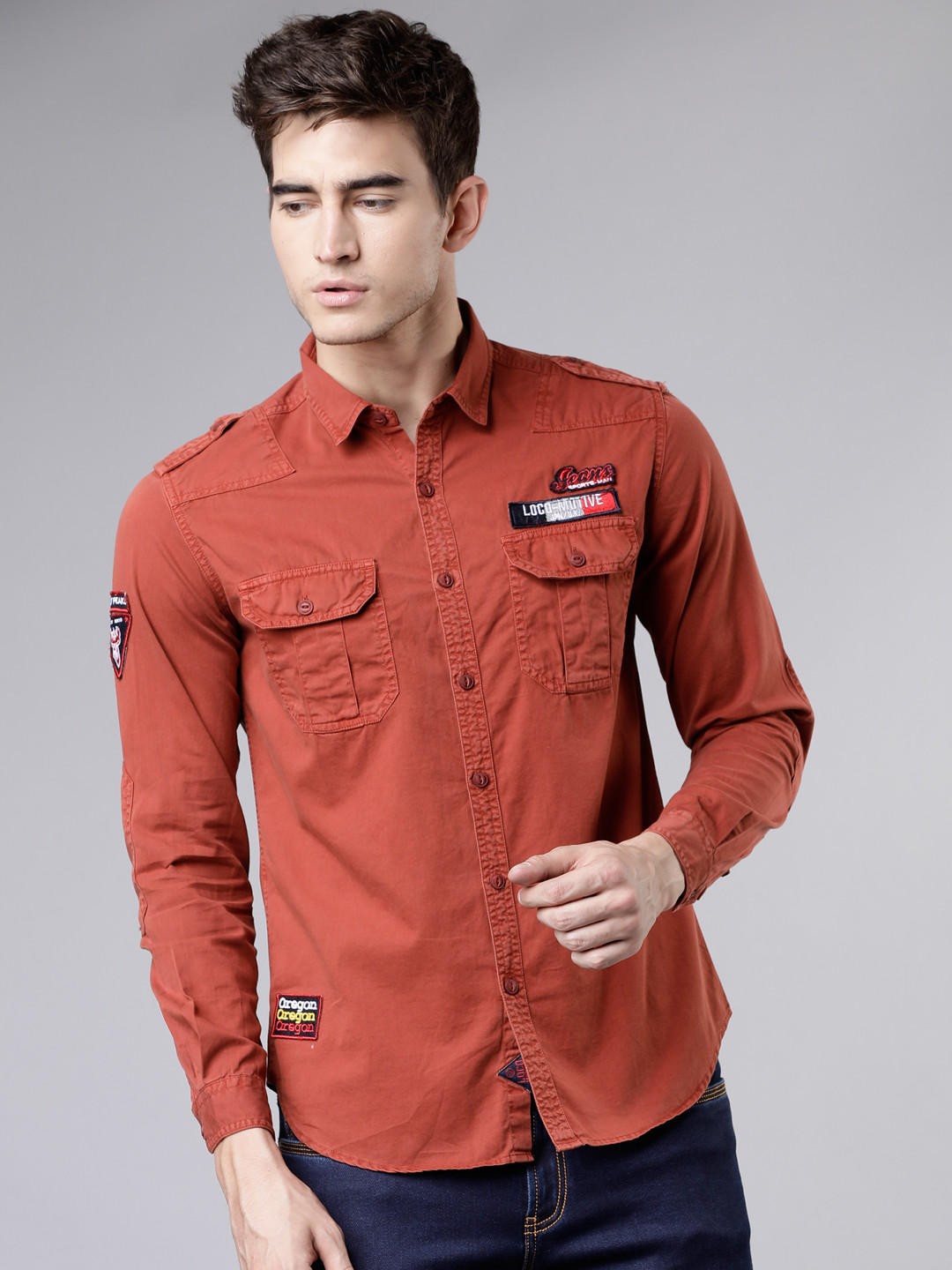 

LOCOMOTIVE Men Rust Slim Fit Solid Casual Shirt
