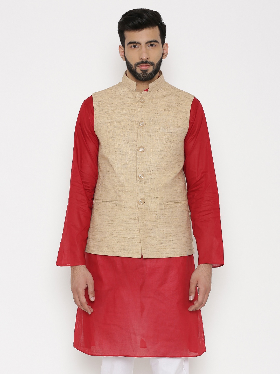 

Wintage Men Beige Woven Design Nehru Jacket