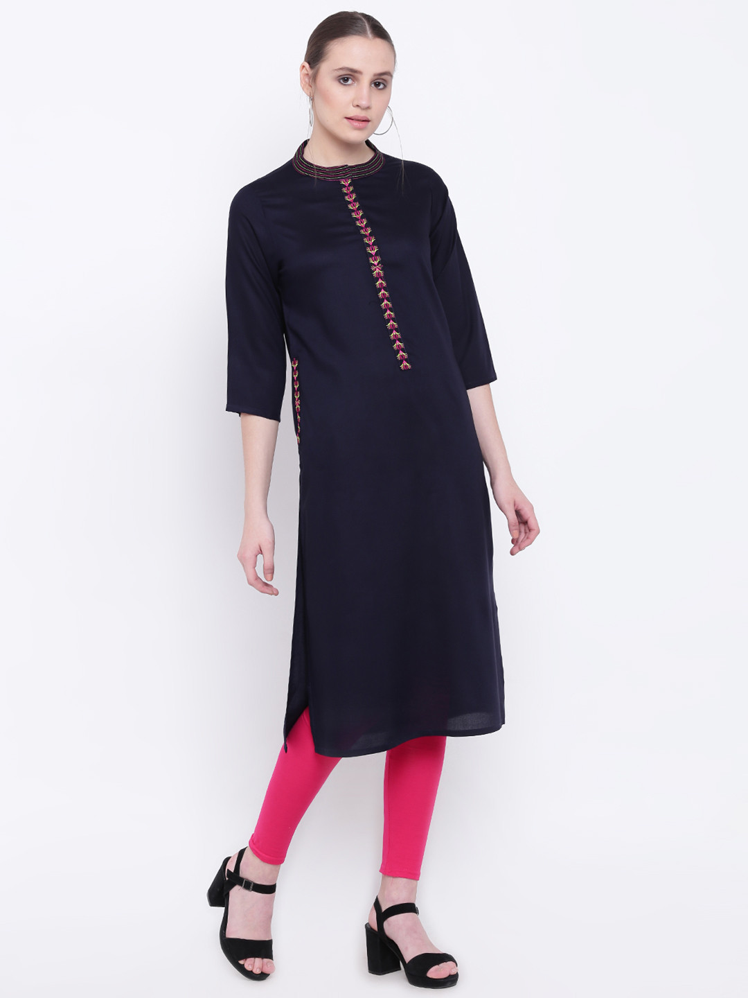 

Jashn Women Navy Blue Solid Straight Kurta
