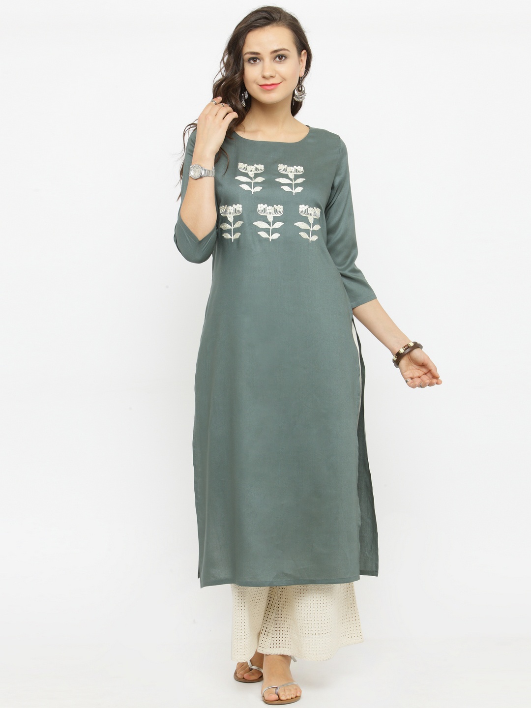 

Varanga Women Grey & Beige Embroidered Kurta with Palazzos