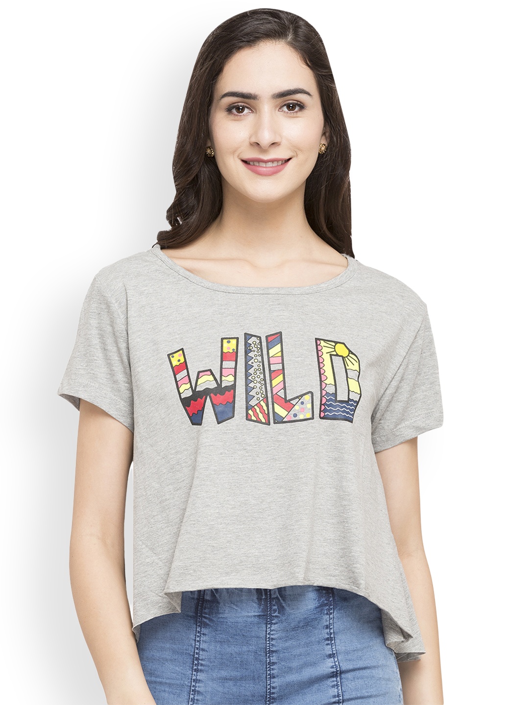 

Globus Women Grey Melange Printed Round Neck T-shirt