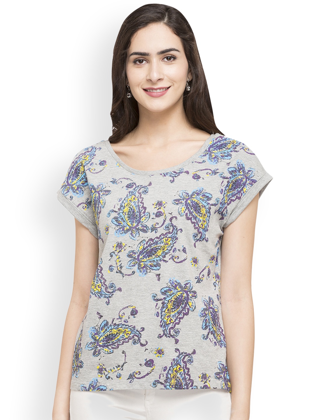 

Globus Women Grey Melange Printed Scoop Neck T-shirt