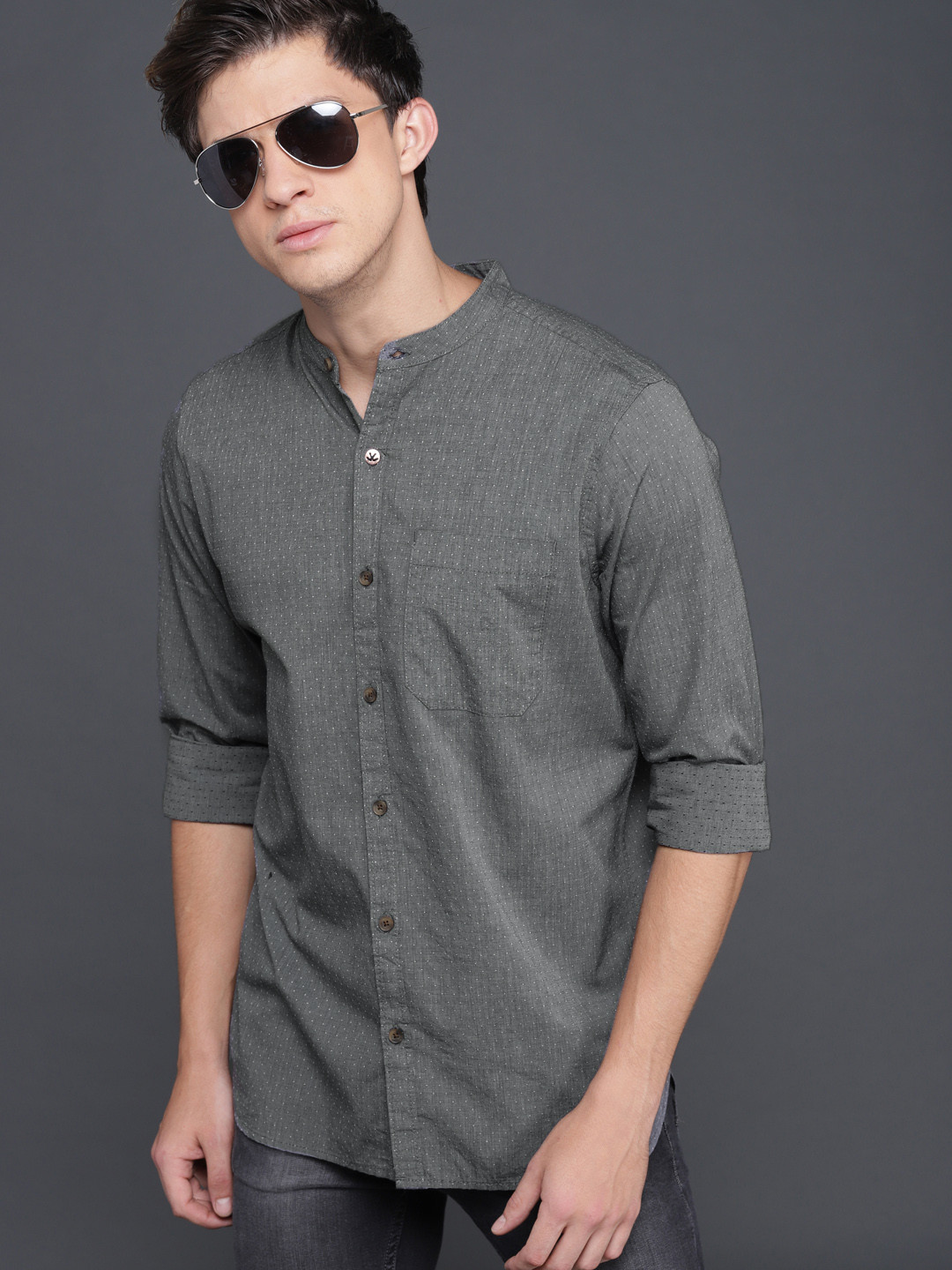 

WROGN Men Charcoal Grey Regular Fit Self Design Casual Shirt