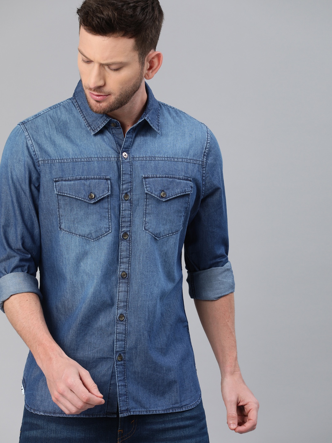 

WROGN Men Blue Slim Fit Faded Chambray Casual Shirt