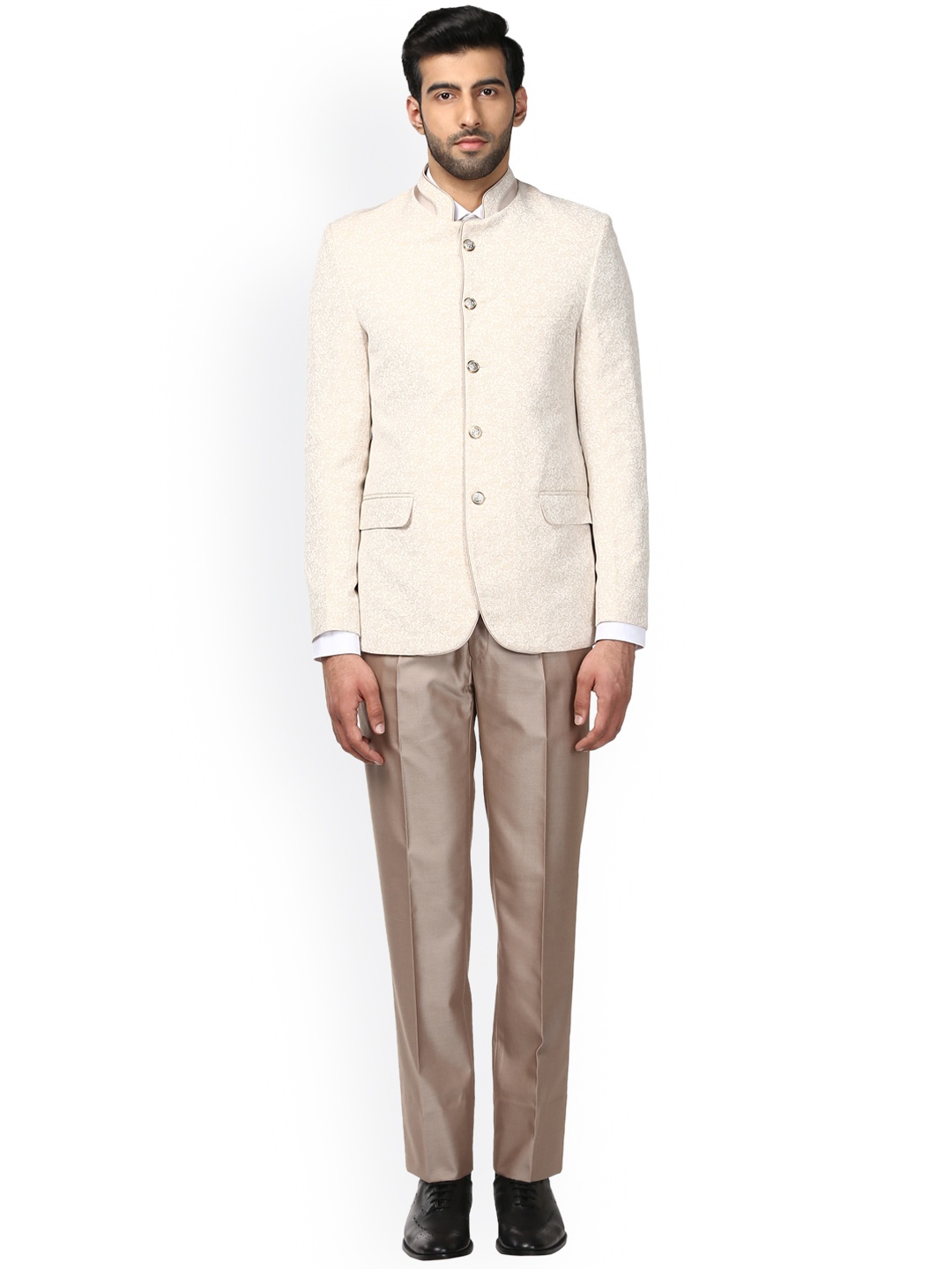 

Raymond Men Beige Self-Design Contemporary Fit Single-Breasted Bandhgala Suit
