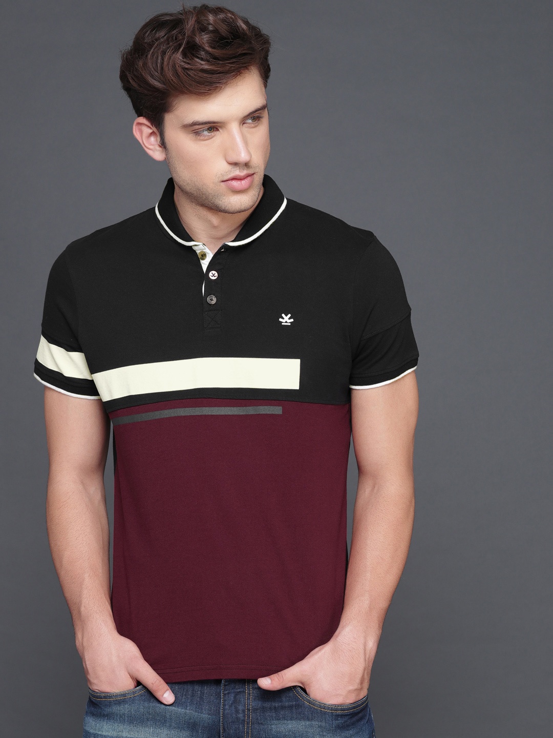 

WROGN Men Maroon Black Colourblocked Polo Collar Pure Cotton T-shirt