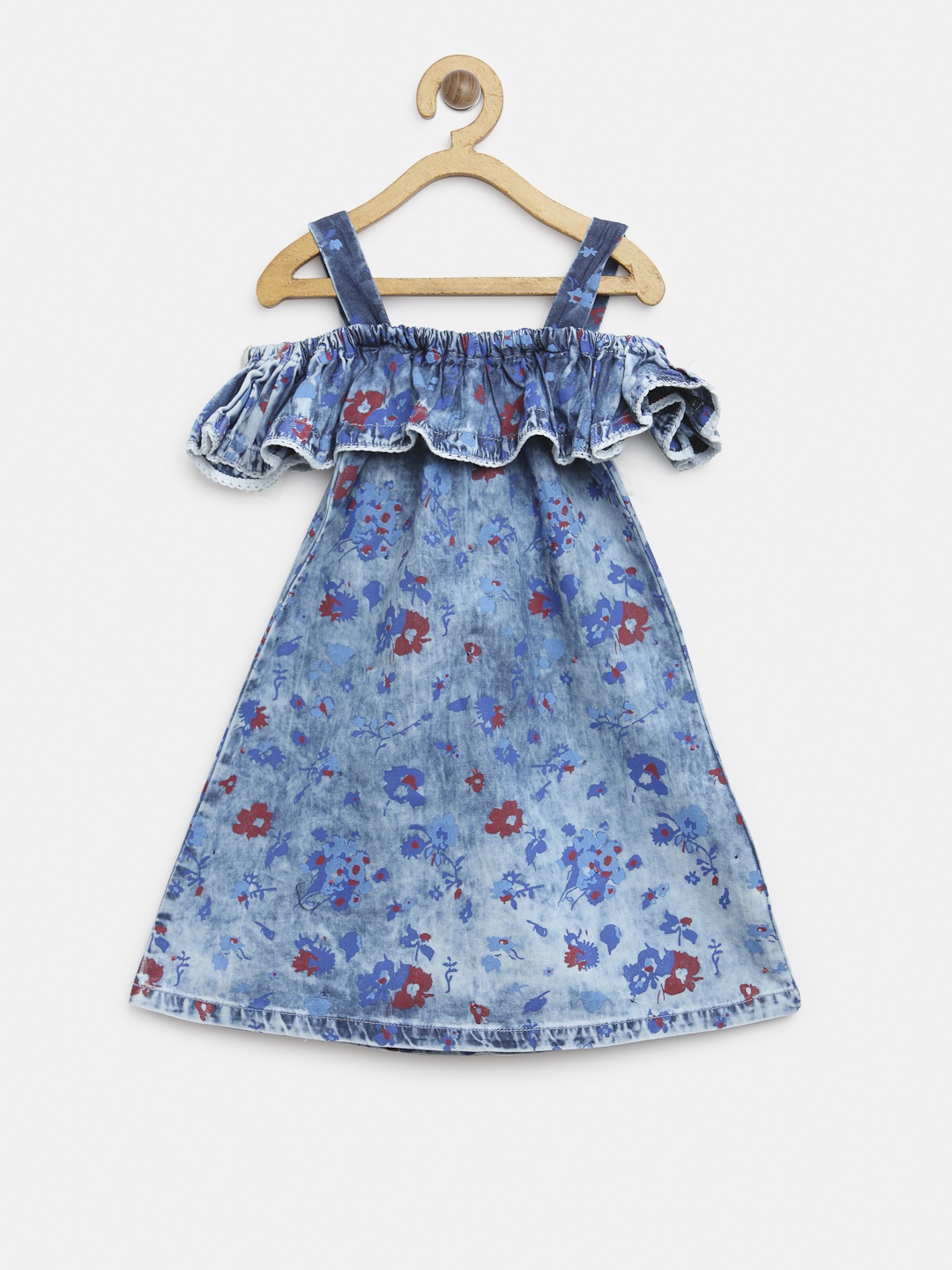 

Gini and Jony Girls Blue Printed Chambray Layered A-Line Denim dress